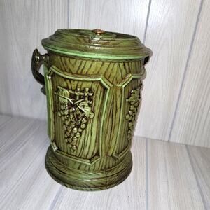 Vintage MCM Avacado Green Faux Wood Grain Grape Motif Ice Wine Bucket